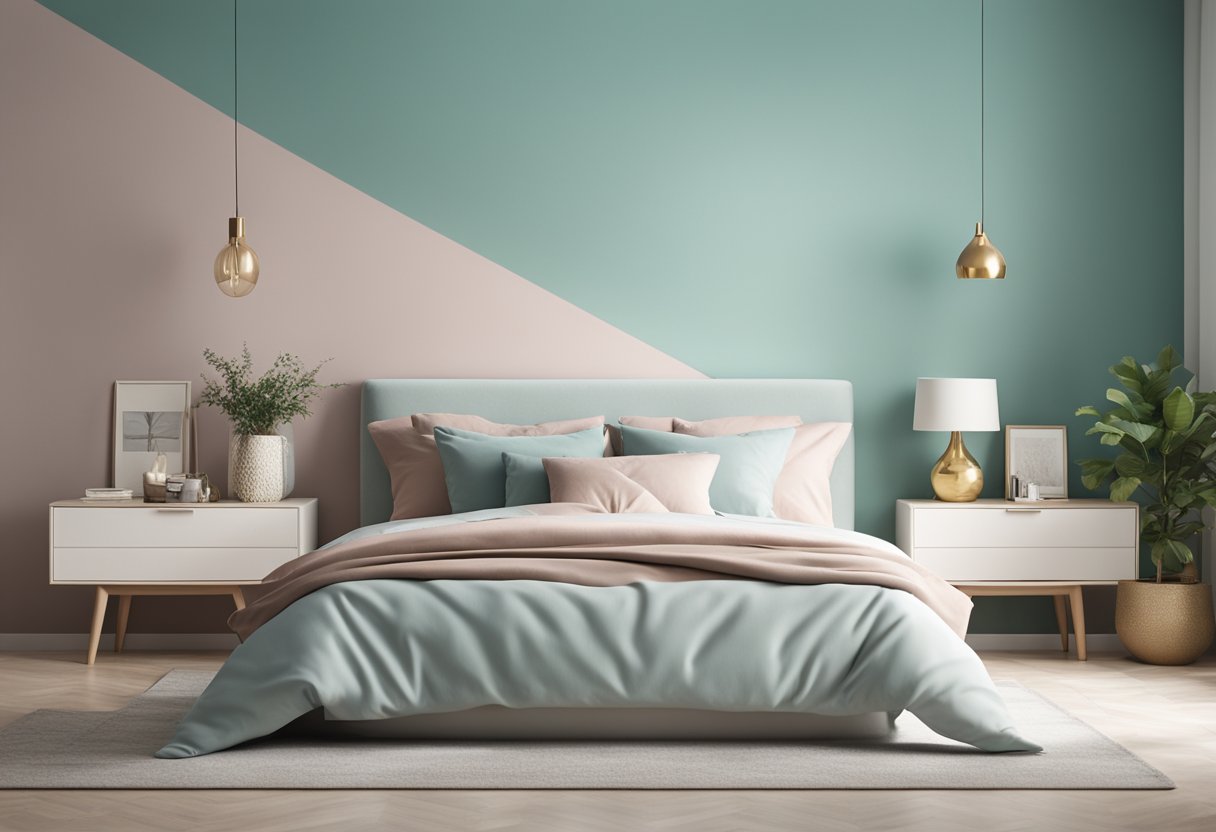 A bedroom wall with a cohesive color scheme, featuring soft pastel tones and complementary accents, creating a serene and harmonious atmosphere