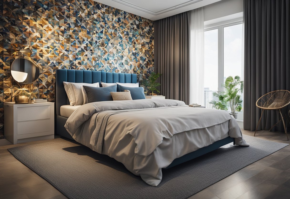 A bedroom with patterned tiles in various colors and designs