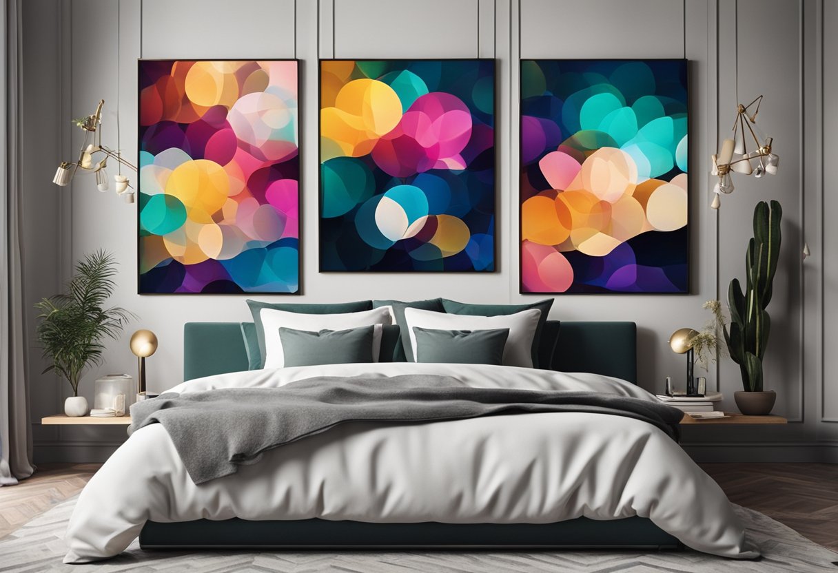 A bedroom wall adorned with colorful paintings, framed photos, and decorative mirrors, creating a vibrant and artistic atmosphere