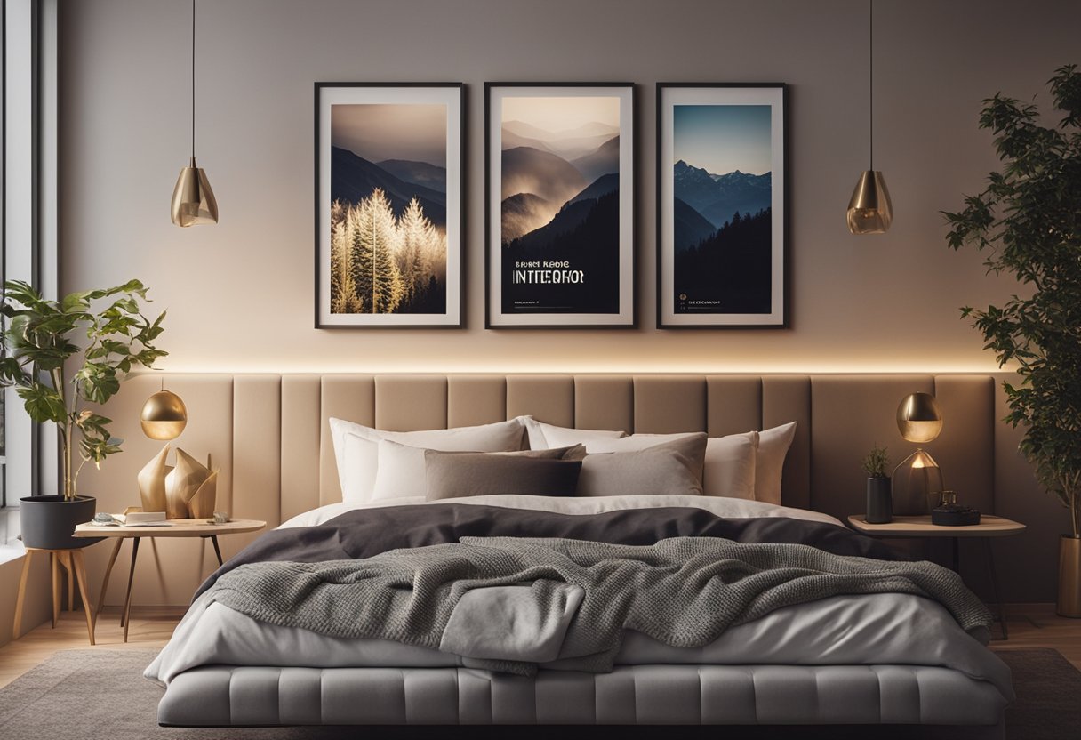 A cozy bedroom with a feature wall adorned with a gallery of framed Frequently Asked Questions (FAQs) about interior design. The wall is illuminated by soft, warm lighting, creating a welcoming and informative atmosphere