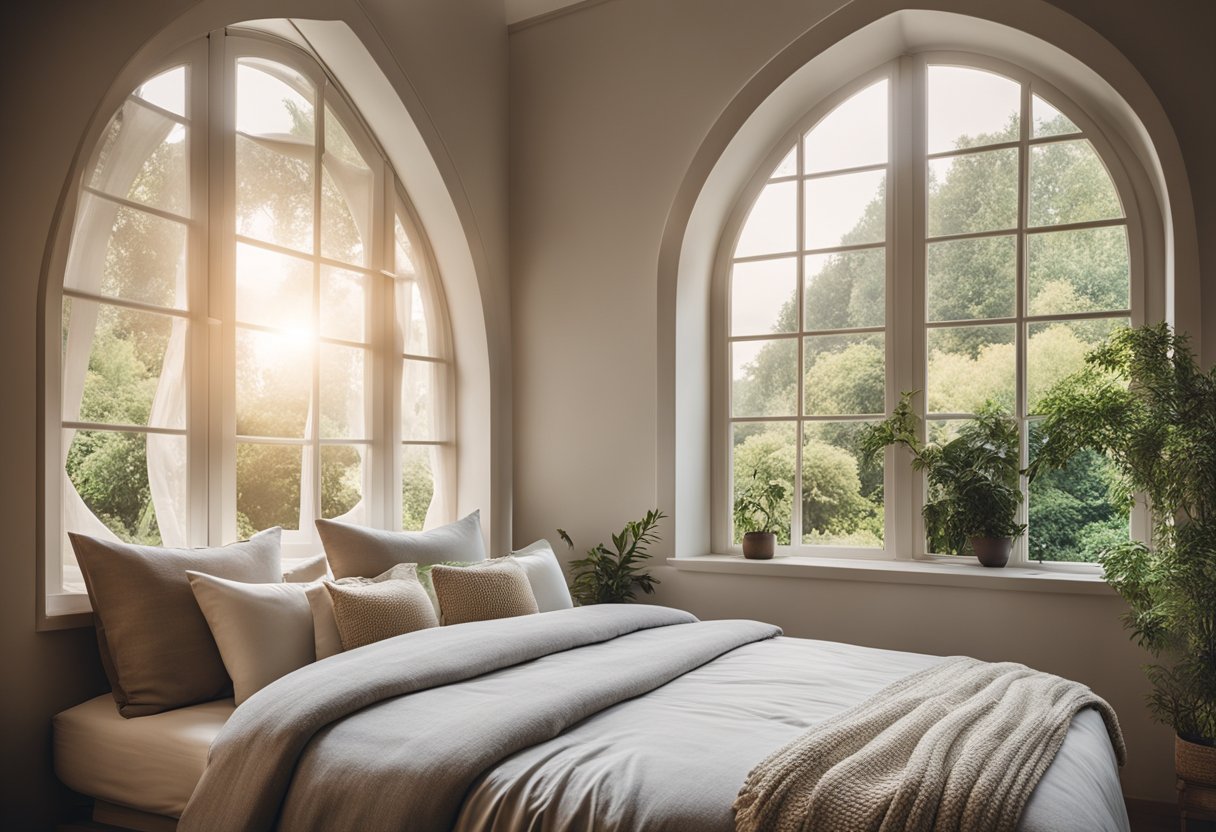 A cozy bedroom with a large, arched window overlooking a serene garden. Soft, flowing curtains frame the window, and a comfortable window seat is adorned with plush cushions and throw pillows