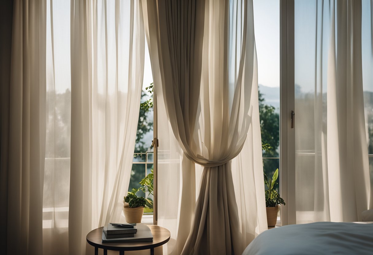 A bedroom window with sheer curtains, allowing soft light to filter in while maintaining privacy