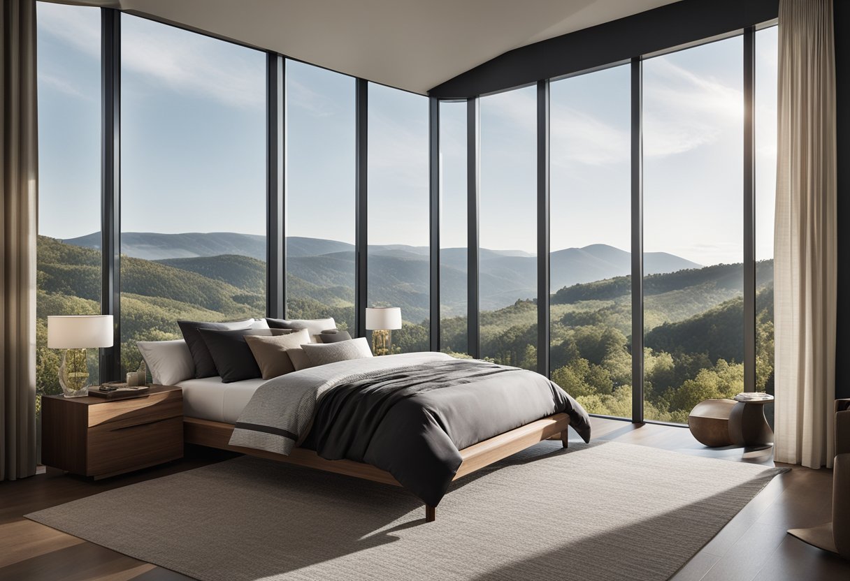 A modern bedroom with large, floor-to-ceiling windows allowing natural light to flood the room. The windows are framed with sleek, minimalistic curtains and offer a stunning view of the surrounding landscape