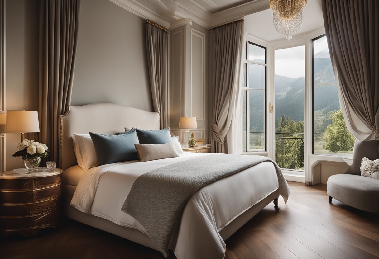 A cozy bedroom with a large, ornate window featuring elegant drapes and a scenic view of the outdoors