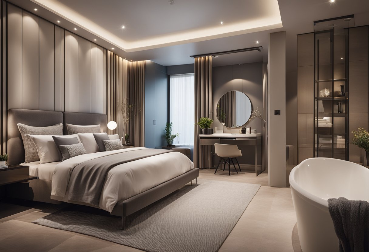 A spacious bedroom with a modern ensuite bathroom, featuring a large comfortable bed, stylish furniture, soft lighting, and a sleek, contemporary bathroom design with a luxurious bathtub and walk-in shower