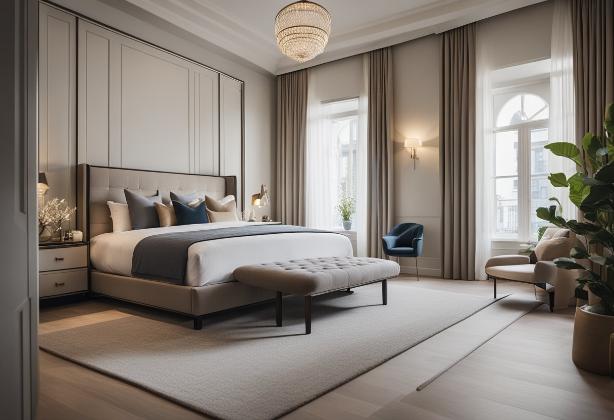 A spacious master bedroom with a luxurious ensuite bathroom, featuring a king-sized bed with plush bedding, a cozy reading nook with a large window, and elegant decor throughout