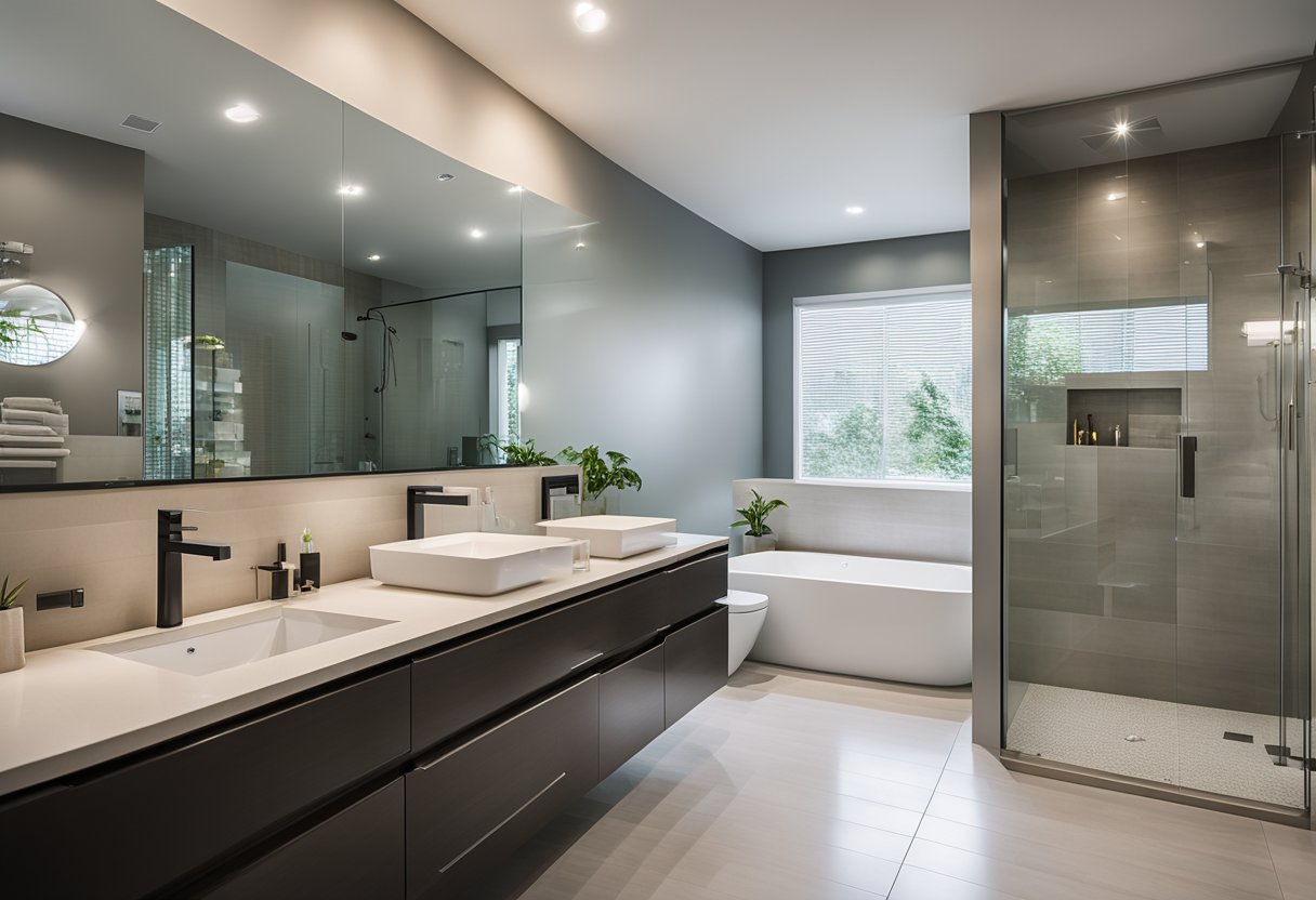 A modern ensuite bathroom, featuring a sleek bathtub, a spacious glass-enclosed shower, and a double vanity with contemporary fixtures