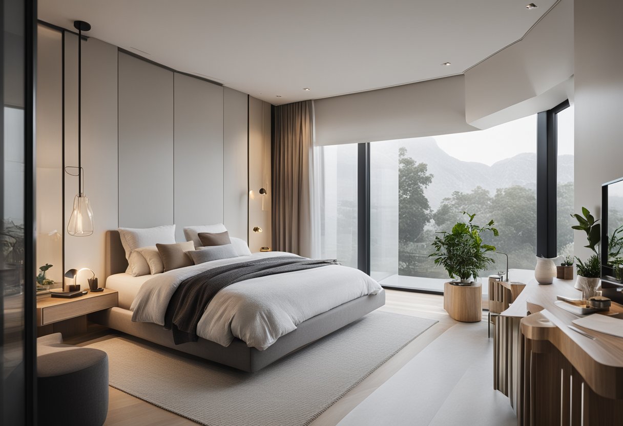 A modern bedroom with attached bathroom, featuring a minimalist design, neutral color scheme, and sleek furniture