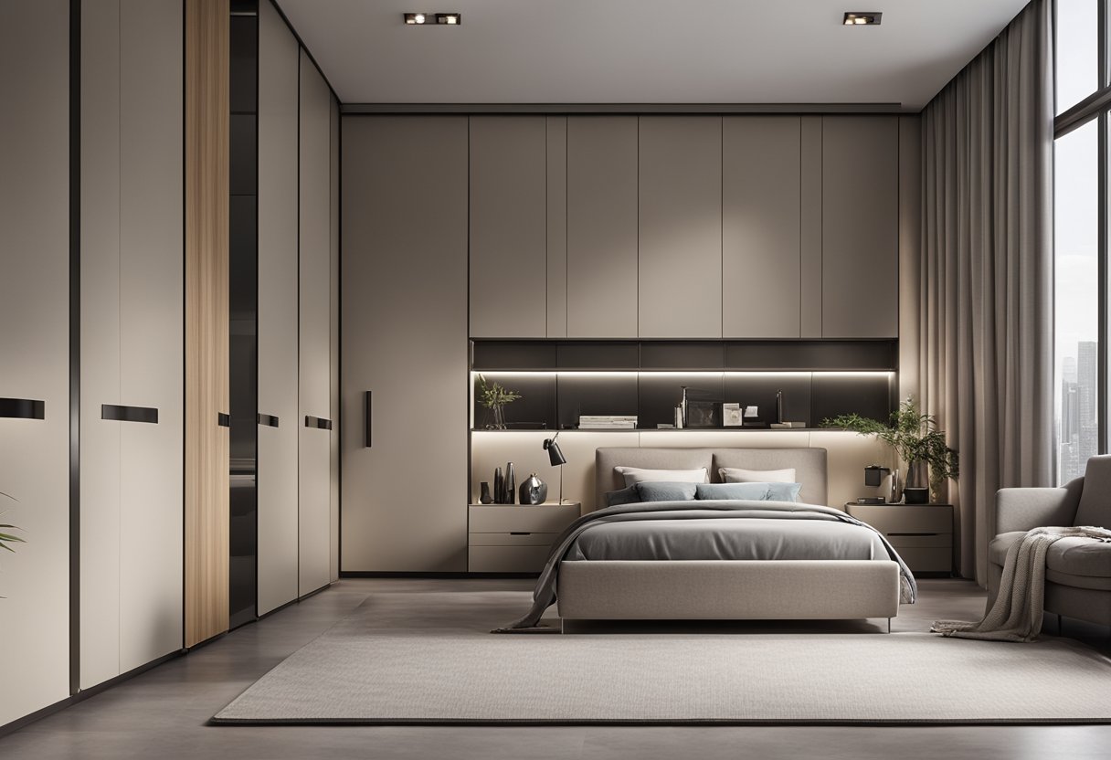 A spacious bedroom with sleek, modern wardrobes lining the walls, featuring sliding doors, ample storage space, and elegant finishes