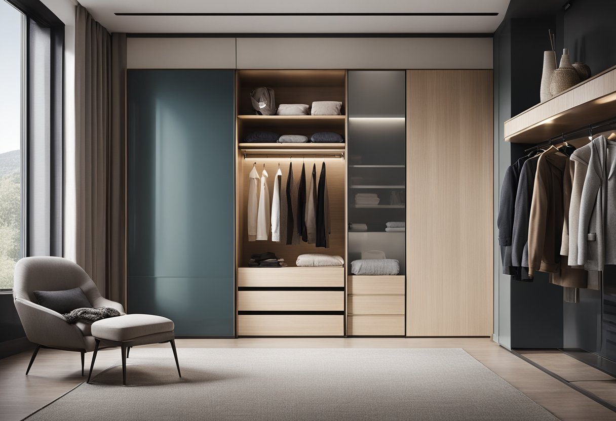 A sleek, wall-mounted wardrobe with sliding doors dominates a modern bedroom. Inside, clever storage solutions and minimalist design create a chic and functional space