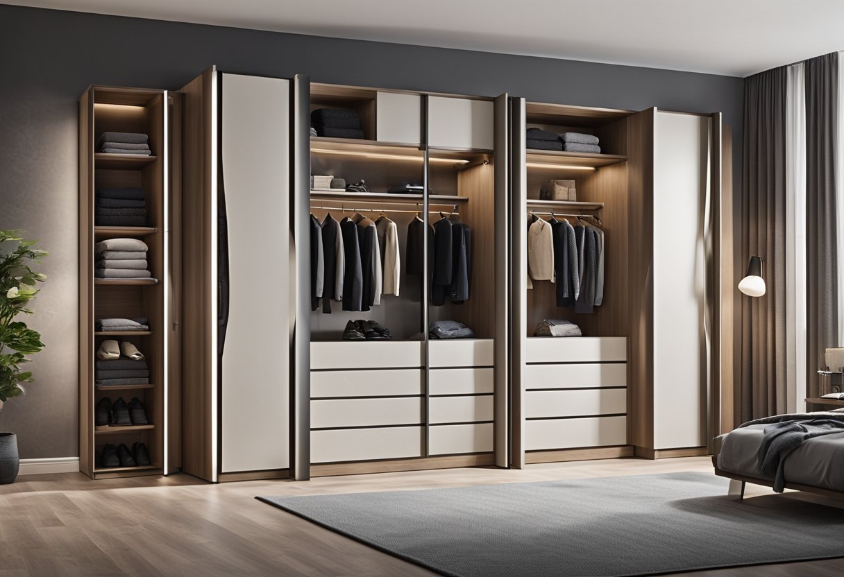 A spacious bedroom with a sleek, modern wardrobe design, featuring ample storage and stylish sliding doors