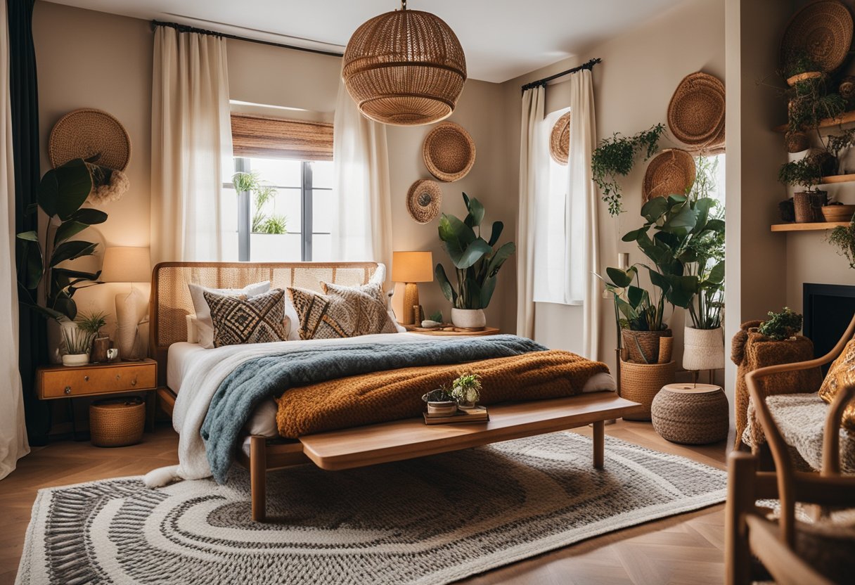 A cozy bedroom with eclectic decor, featuring vibrant patterns, vintage furniture, and a mix of textures like macramé and rattan. Warm, earthy tones create a relaxed, free-spirited atmosphere