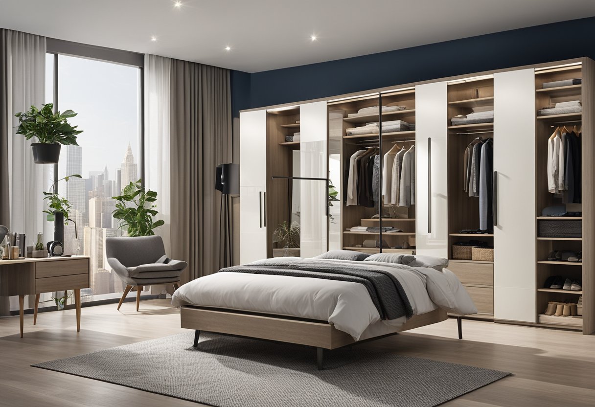 A bedroom with various wardrobe designs displayed, including sliding doors, built-in shelves, and mirrored panels