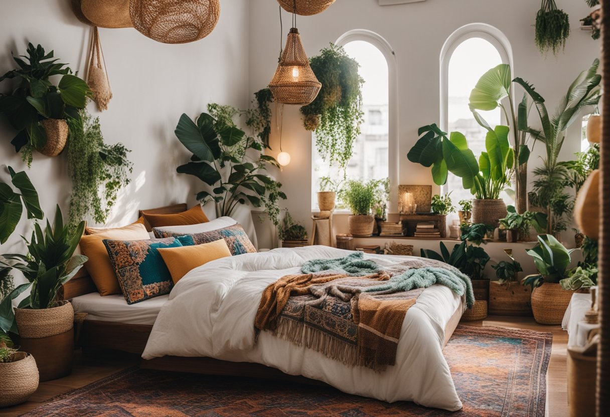 A cozy bohemian bedroom with colorful textiles, layered rugs, hanging plants, and eclectic artwork on the walls