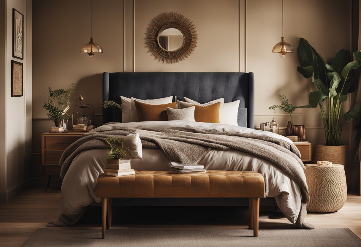 A cozy bedroom with eclectic decor, draped fabrics, and warm, earthy tones. A mix of vintage and modern furniture creates a relaxed and artistic atmosphere
