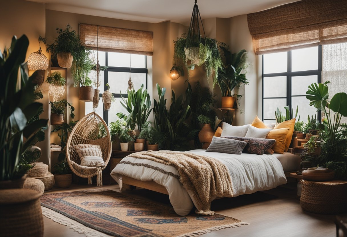A cozy bohemian bedroom with eclectic decor, including colorful textiles, macrame wall hangings, and vintage furniture. Plants and natural light add warmth to the space