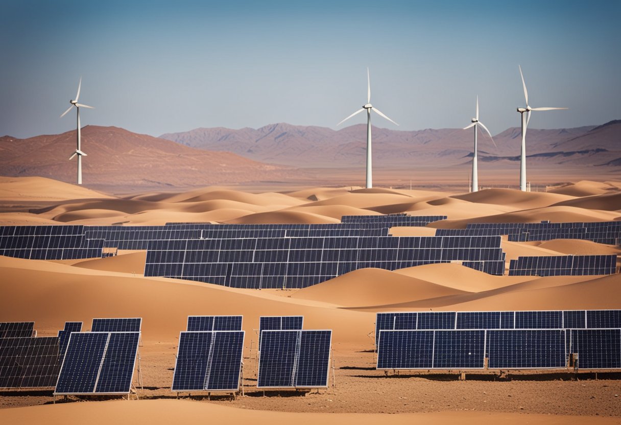 Renewable energy: Morocco committed to developing renewable energies, with solar panels and wind turbines in a desert landscape
