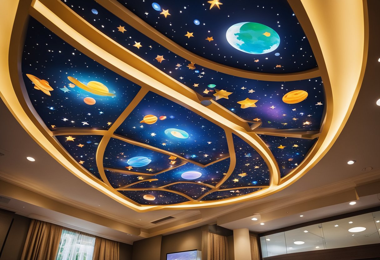 Colorful and whimsical ceiling designs with stars, planets, and animals. Bright, vibrant colors and interactive elements for a fun and imaginative atmosphere