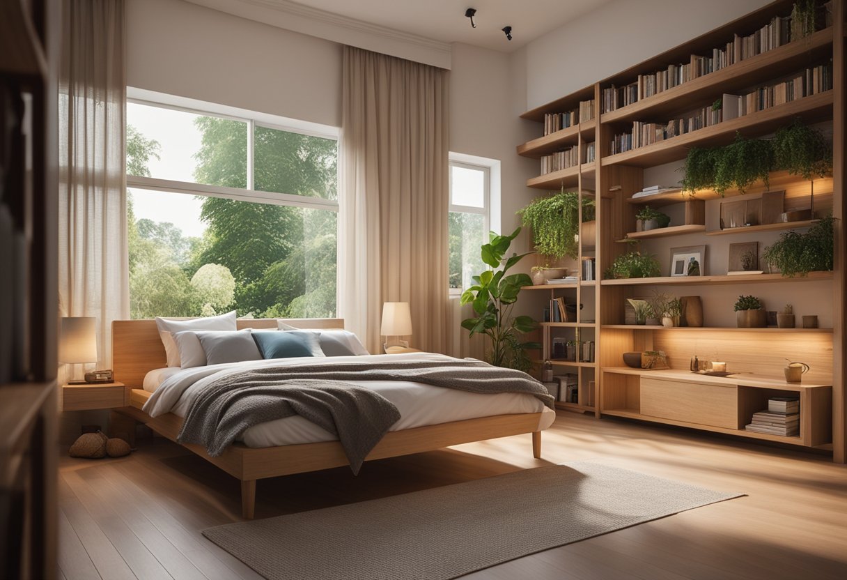 A cozy bungalow bedroom with a large, plush bed, soft lighting, and natural wood furniture. A window overlooks a peaceful garden, and a bookshelf lines one wall