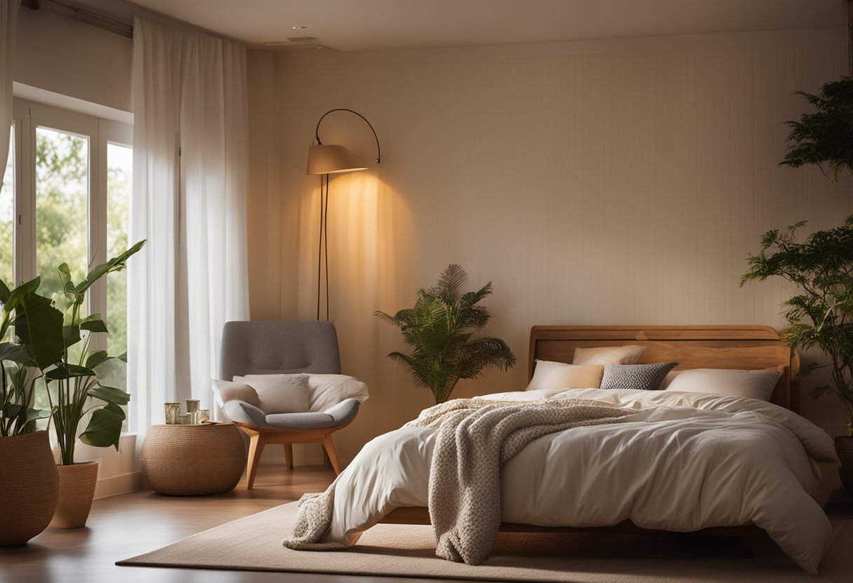 A cozy bungalow bedroom with a plush bed, warm lighting, and natural wood furniture. A large window overlooks a serene garden, with soft curtains billowing in the breeze