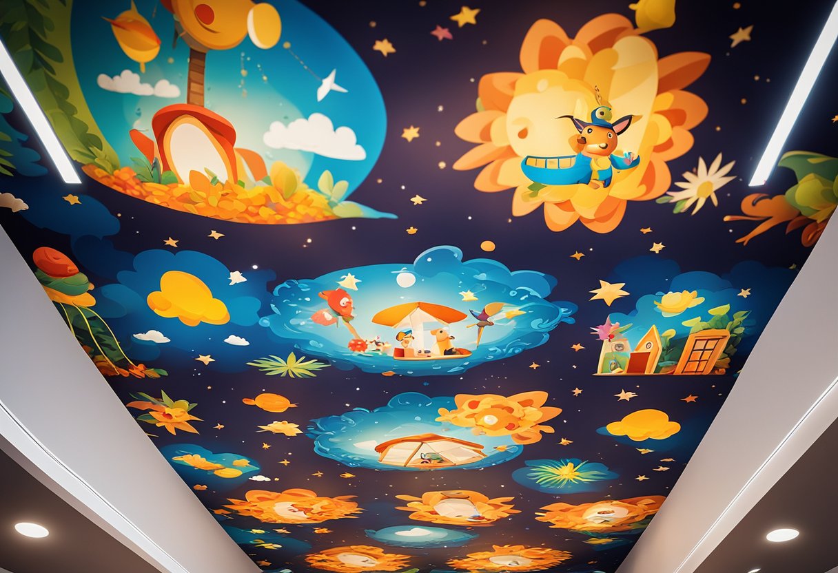 A bright, colorful mural covers the bedroom ceiling, featuring whimsical patterns and playful characters. Functional lighting fixtures are seamlessly integrated, providing both illumination and visual interest