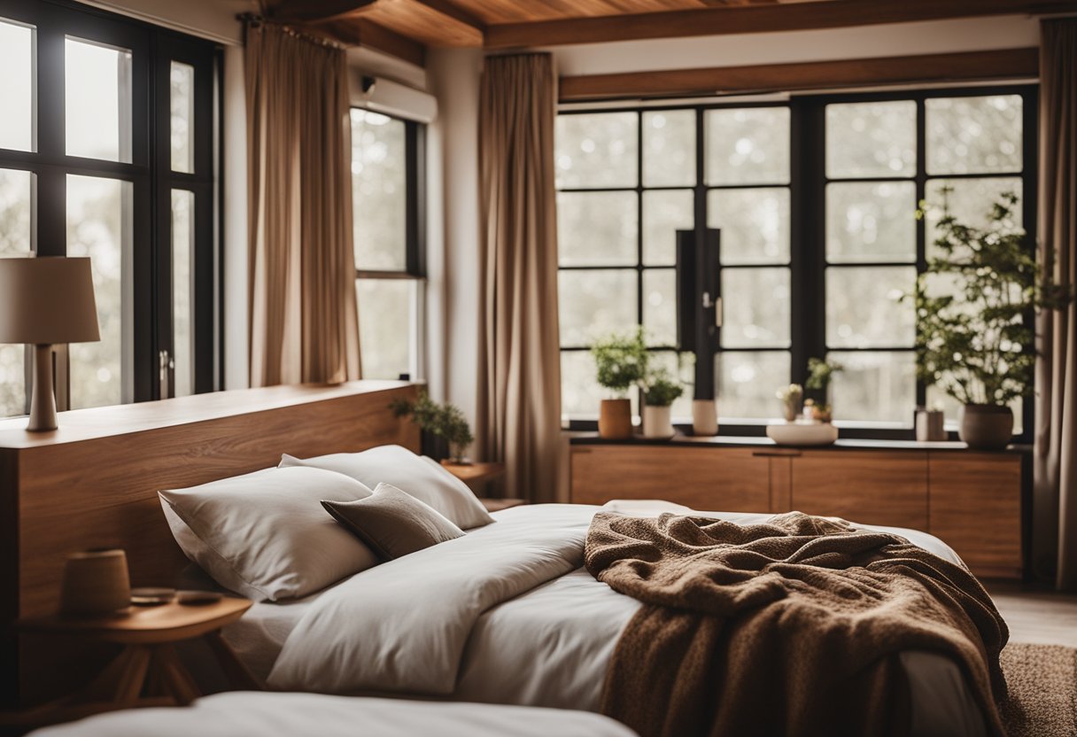 A cozy bungalow bedroom with large windows, warm earthy tones, and natural wood accents