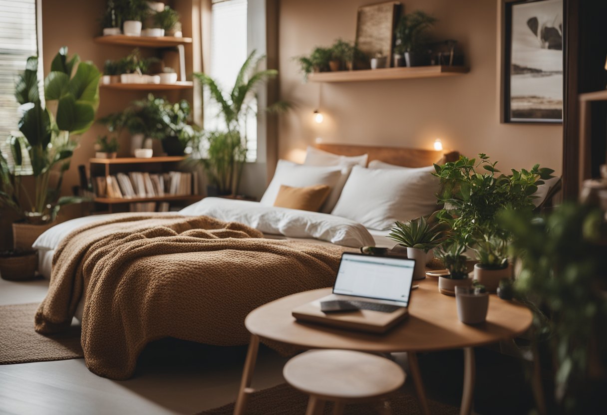 A cozy bungalow bedroom with warm earthy tones, a comfortable bed with fluffy pillows, a small desk with a laptop, and a bookshelf filled with books and plants