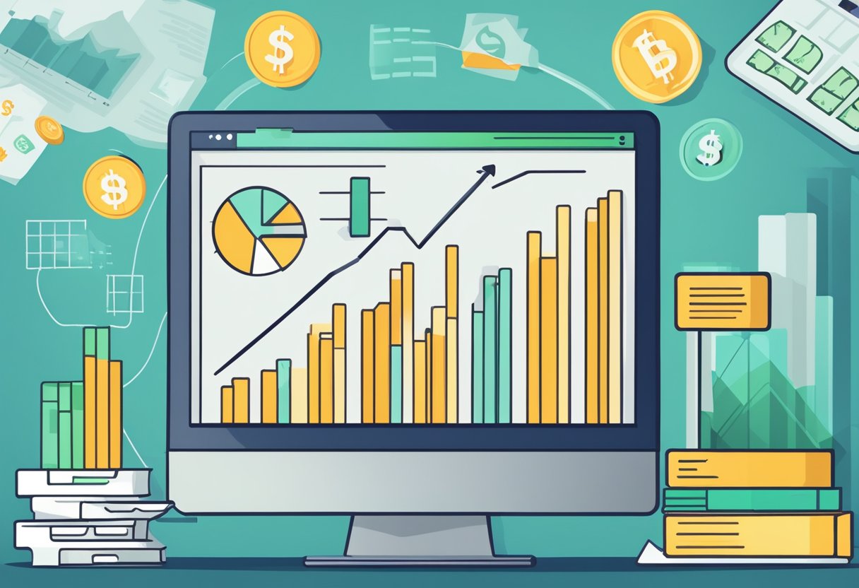 A computer screen displaying a graph of increasing sales with the word "Bonuses" highlighted. A stack of money and a growth chart are also visible