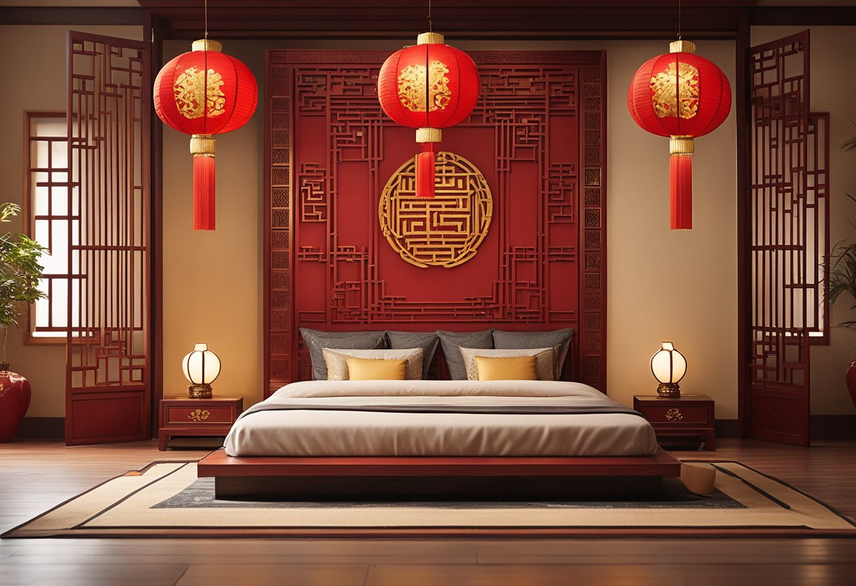 A Chinese bedroom with a low platform bed, paper lanterns, and a carved wooden screen. A red and gold color scheme with intricate patterns and silk textiles