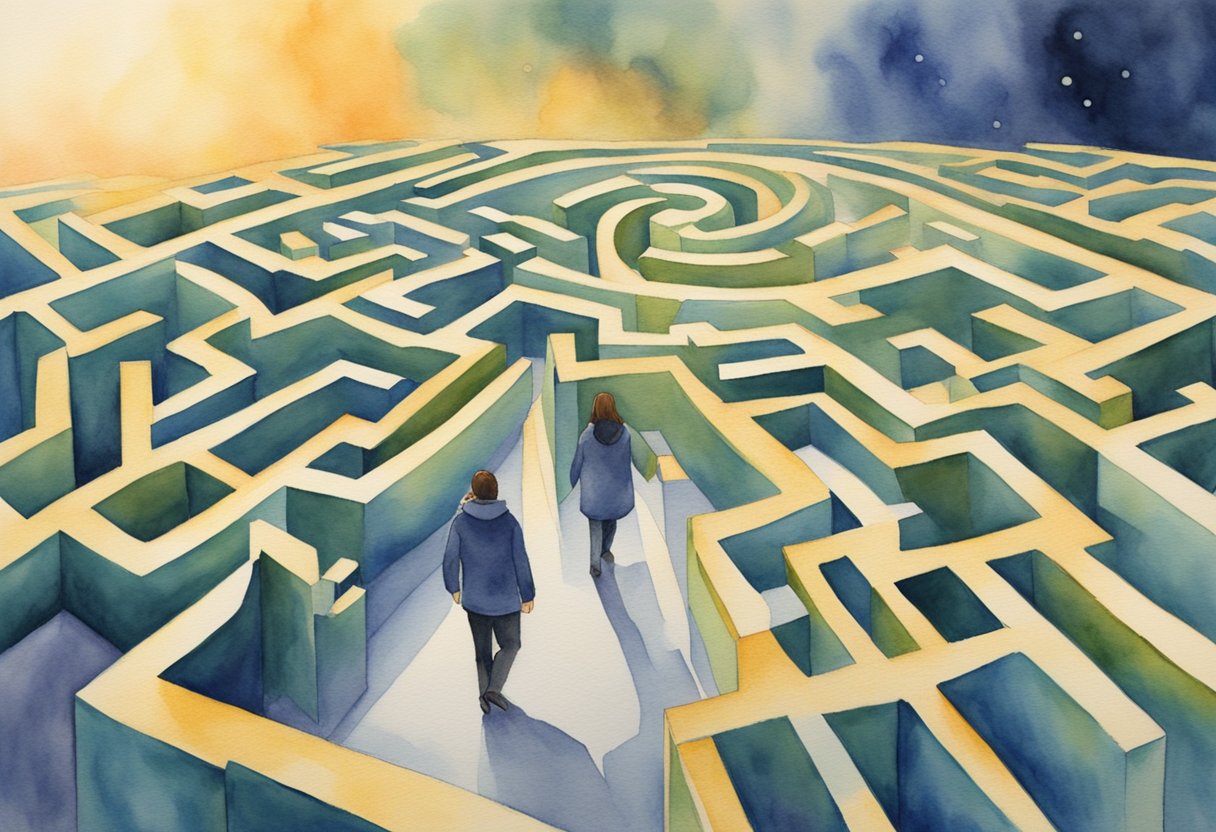 A person being guided by an unseen force through a maze or labyrinth, surrendering control and allowing themselves to be led to places they cannot reach on their own