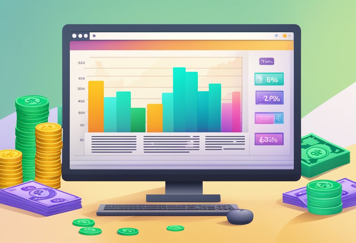 A computer screen showing a graph of increasing sales, surrounded by stacks of cash and bonus offers