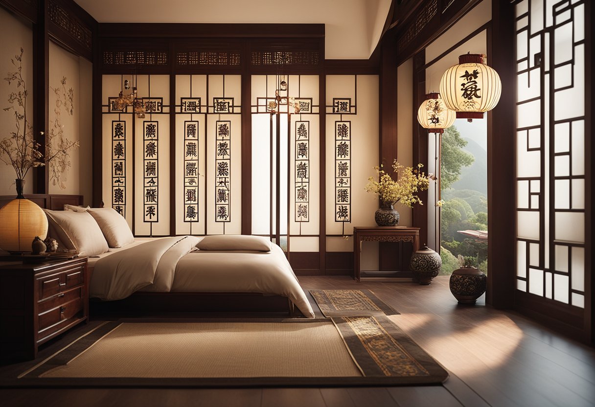 A traditional Chinese bedroom with wooden furniture, paper lanterns, and silk bedding. The room is adorned with intricate patterns and calligraphy artwork