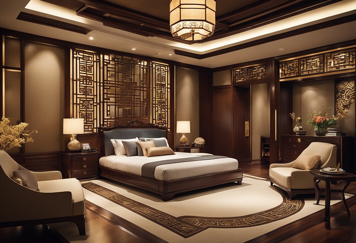 A Chinese interior bedroom with traditional design elements and layout. Rich colors, intricate patterns, and ornate furniture create a luxurious and elegant atmosphere