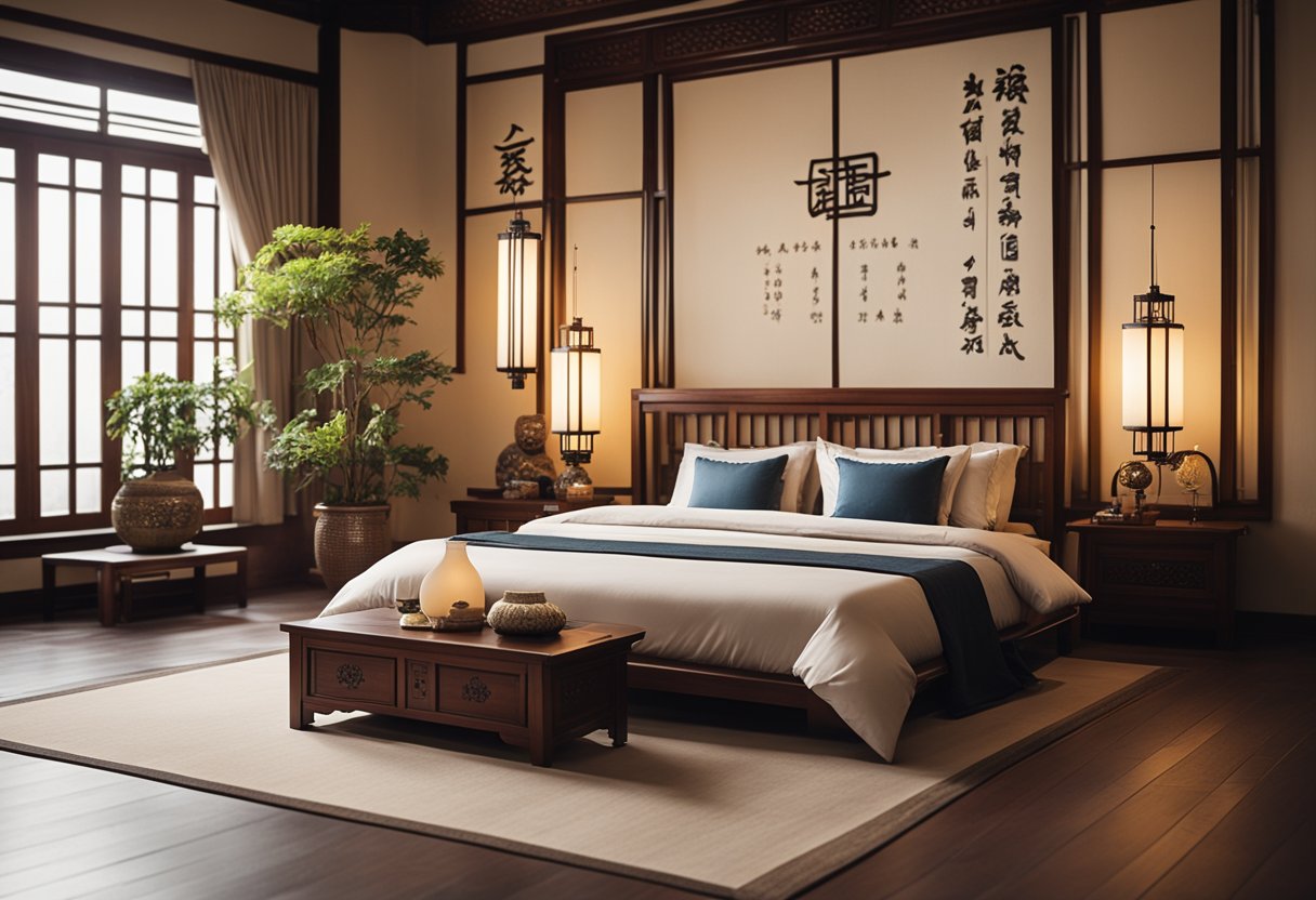 A serene Chinese bedroom with traditional wooden furniture, a low platform bed, paper lanterns, and intricate calligraphy on the walls