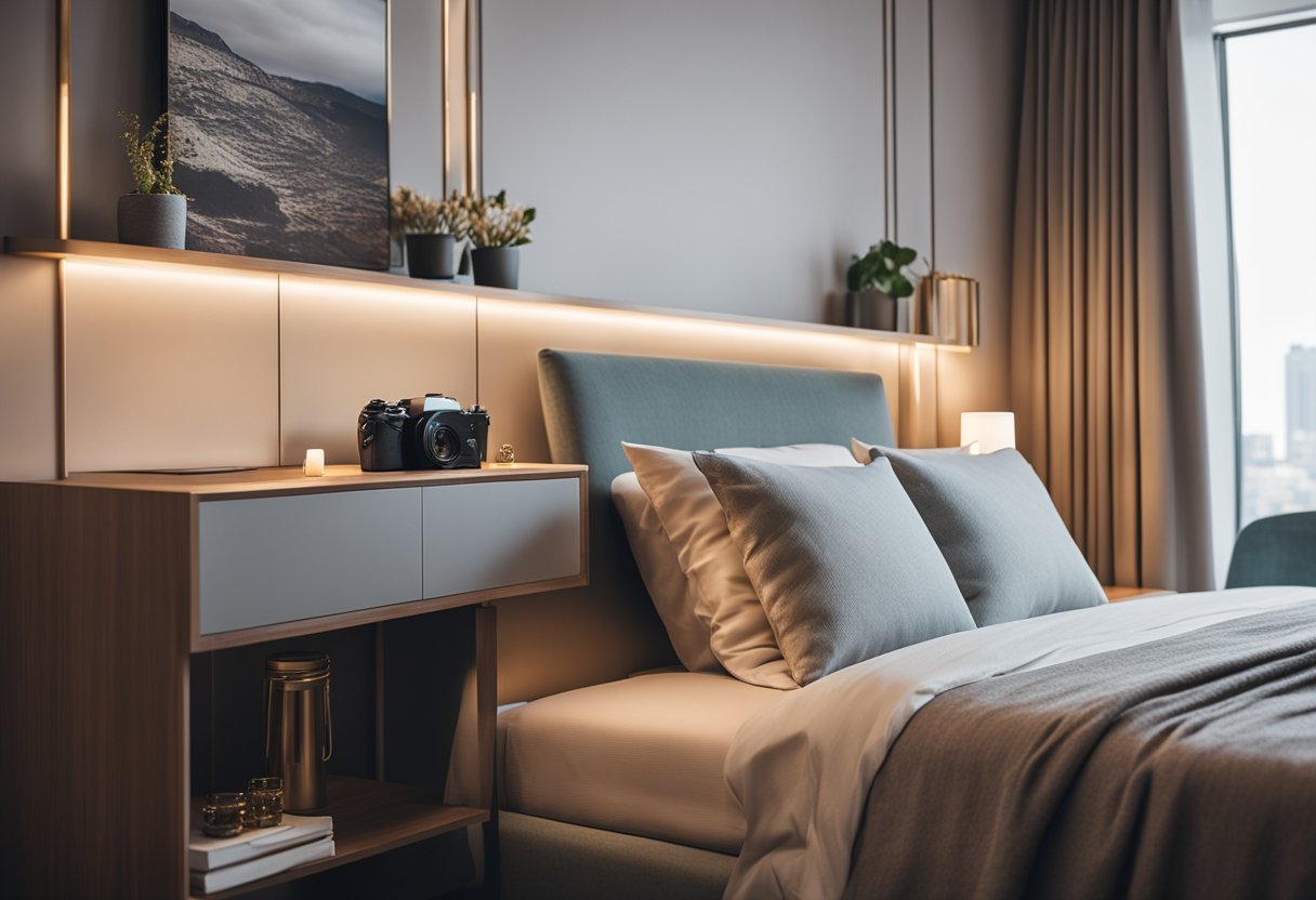 A cozy bedroom with a sleek console against a wall, adorned with modern decor and soft lighting