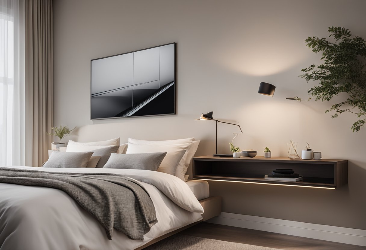 A modern bedroom with a sleek console featuring a clean and minimalist design, positioned against a neutral-colored wall with soft lighting