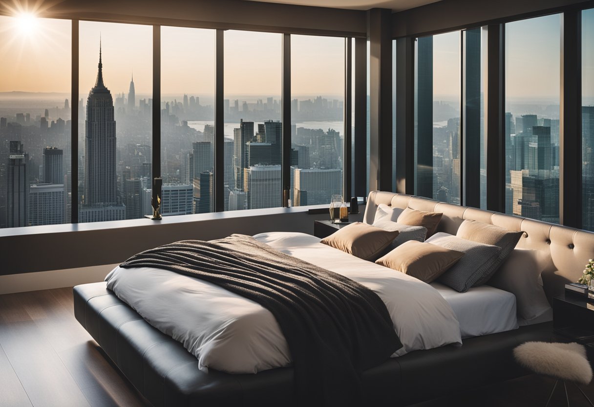 A spacious, well-lit master bedroom with a king-sized bed, sleek modern furniture, and large windows overlooking a city skyline