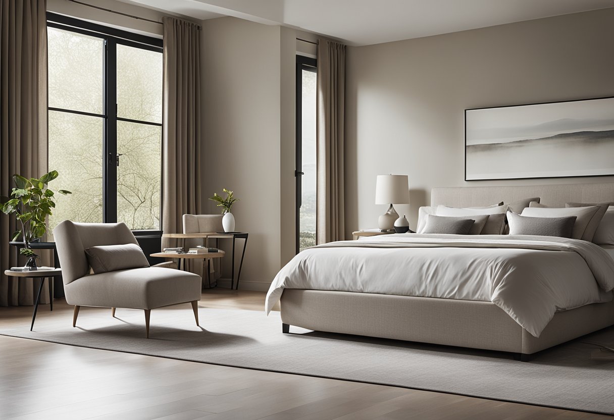 A sleek, minimalistic bedroom with a king-sized bed, neutral color palette, and modern furniture. Large windows allow natural light to flood the room, creating a serene and inviting atmosphere