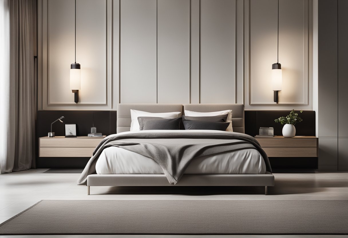 A sleek, minimalist bedroom with modern furniture, neutral color palette, and clean lines. A large, comfortable bed sits in the center, with a stylish nightstand and a contemporary light fixture above