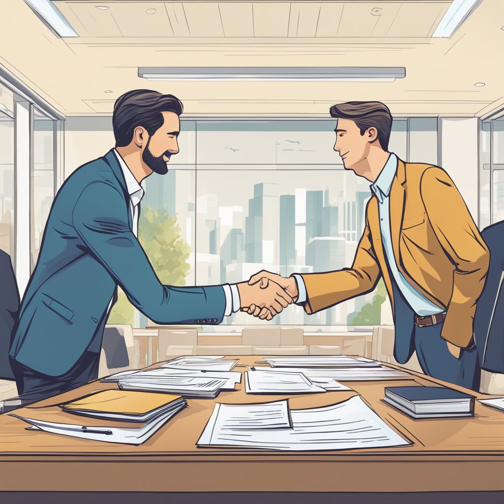 Affiliate marketers strategize with bonuses to boost sales. Graphs show increased sales. A handshake symbolizes collaboration