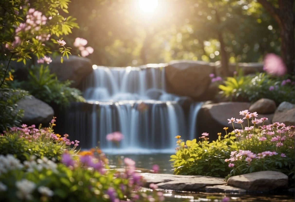 A serene garden with blooming flowers and a peaceful waterfall, surrounded by positive affirmations written on colorful banners and floating in the air