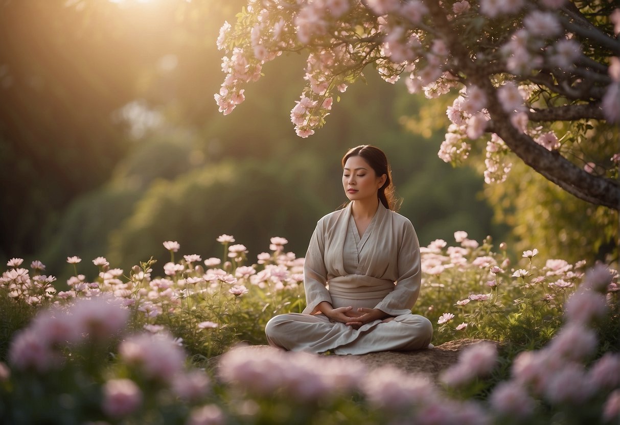 A serene figure meditates in a peaceful natural setting, surrounded by blooming flowers and gentle sunlight