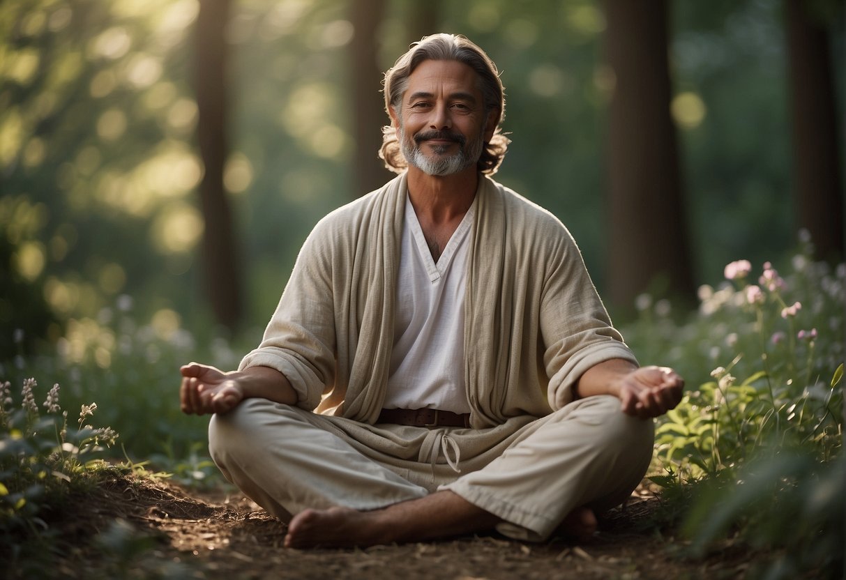 A serene figure surrounded by nature, repeating self-love mantras with a peaceful expression. The figure is sitting cross-legged, with eyes closed and a gentle smile