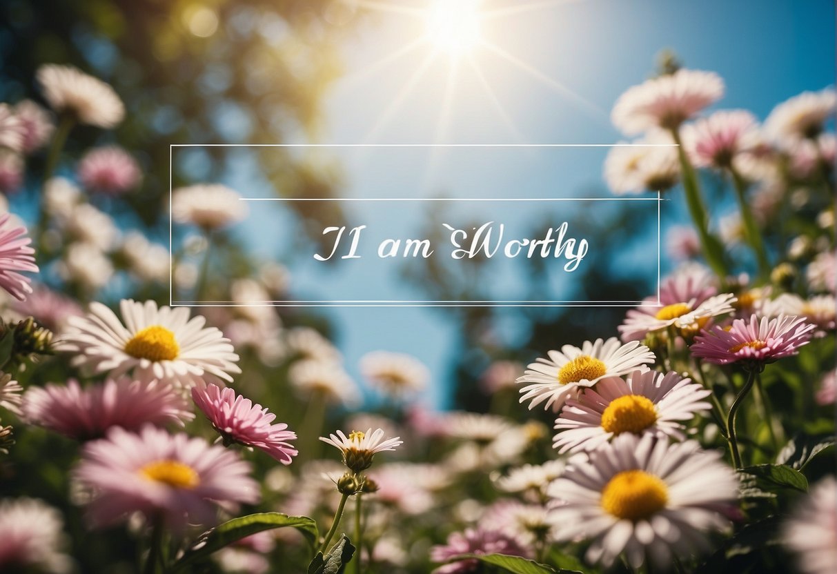A serene garden with blooming flowers and a clear blue sky, with the words "I am worthy" and "I love myself" written in elegant calligraphy on colorful banners