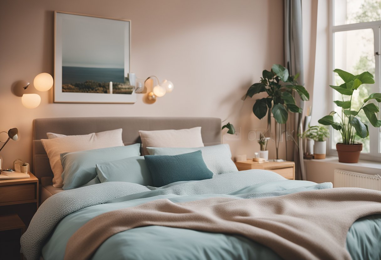 A cozy bedroom with a large, comfortable bed, soft pastel-colored walls, and a window overlooking a serene garden. A desk with a computer and a bookshelf filled with books