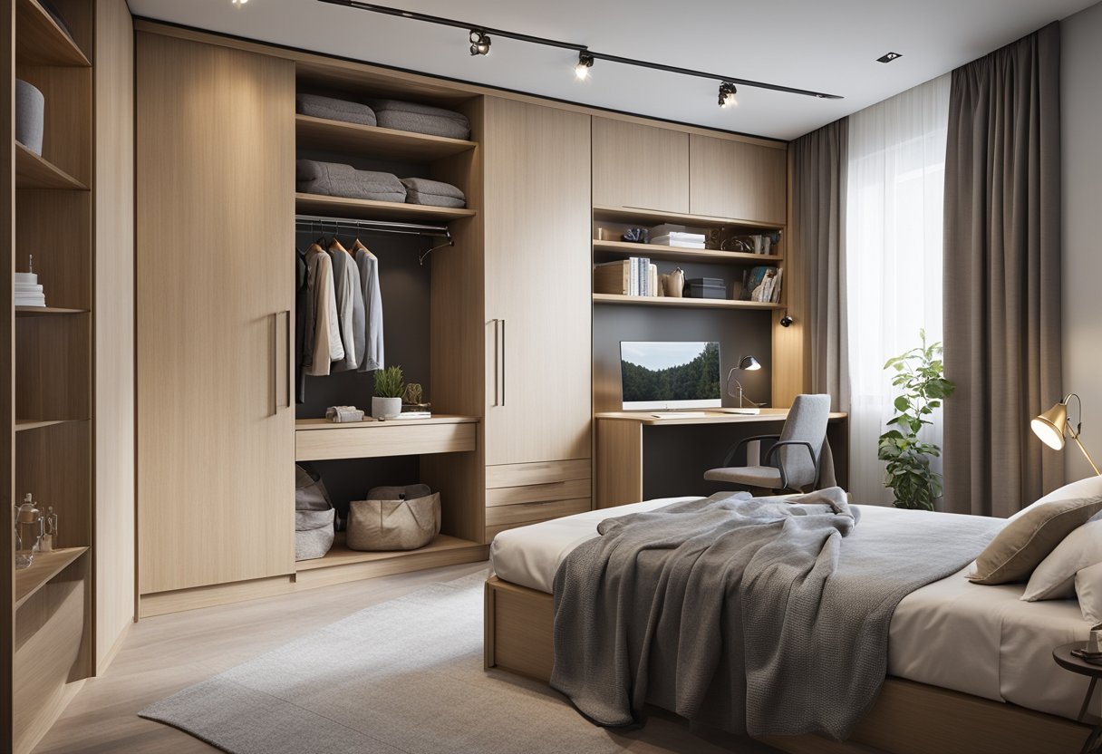 A small bedroom with a corner wardrobe, featuring sliding doors and built-in storage shelves. The design maximizes space and complements the room's layout