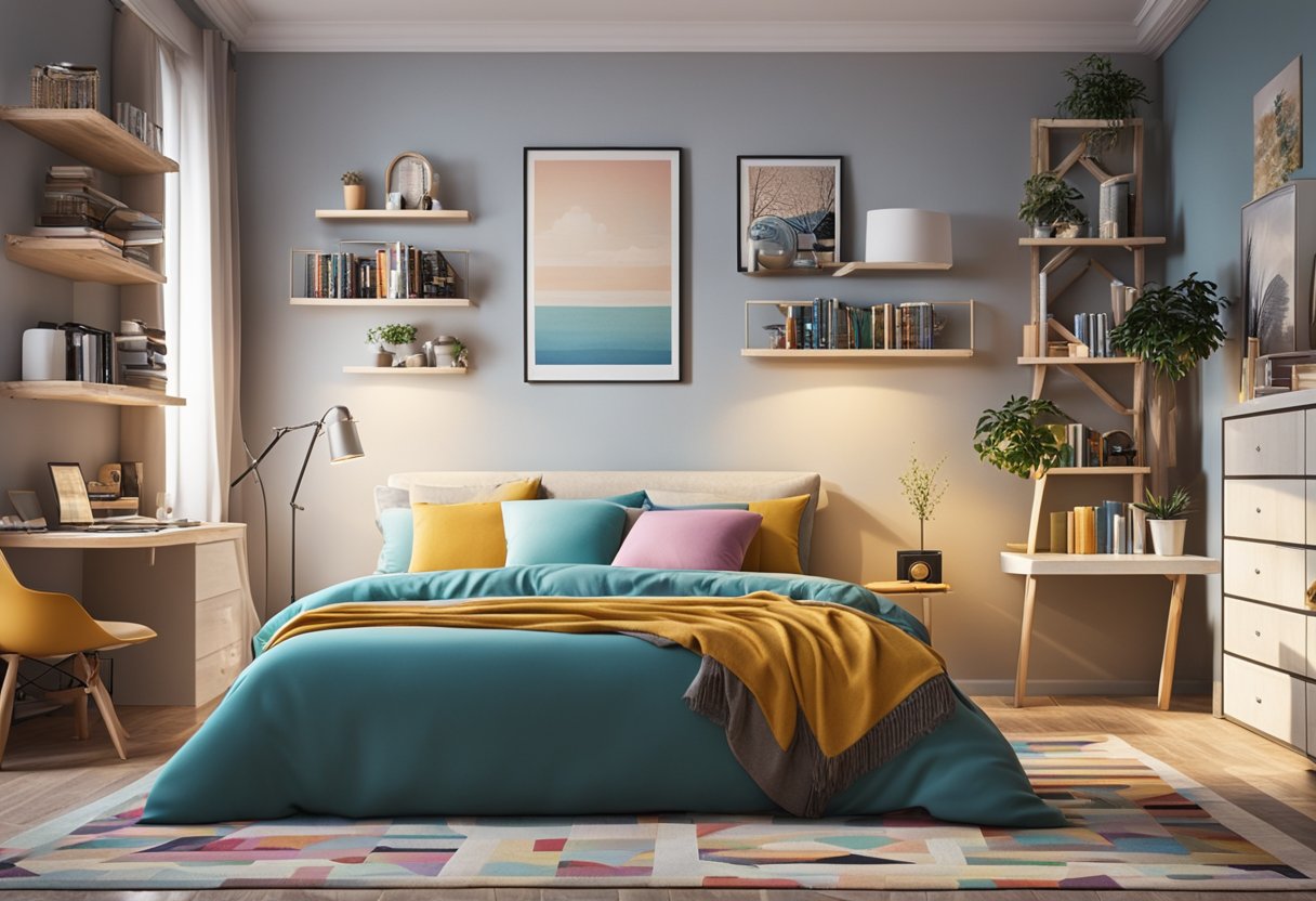 A cozy bedroom with a large bed, a colorful rug, and a desk with a computer. The walls are adorned with posters and shelves filled with books and toys