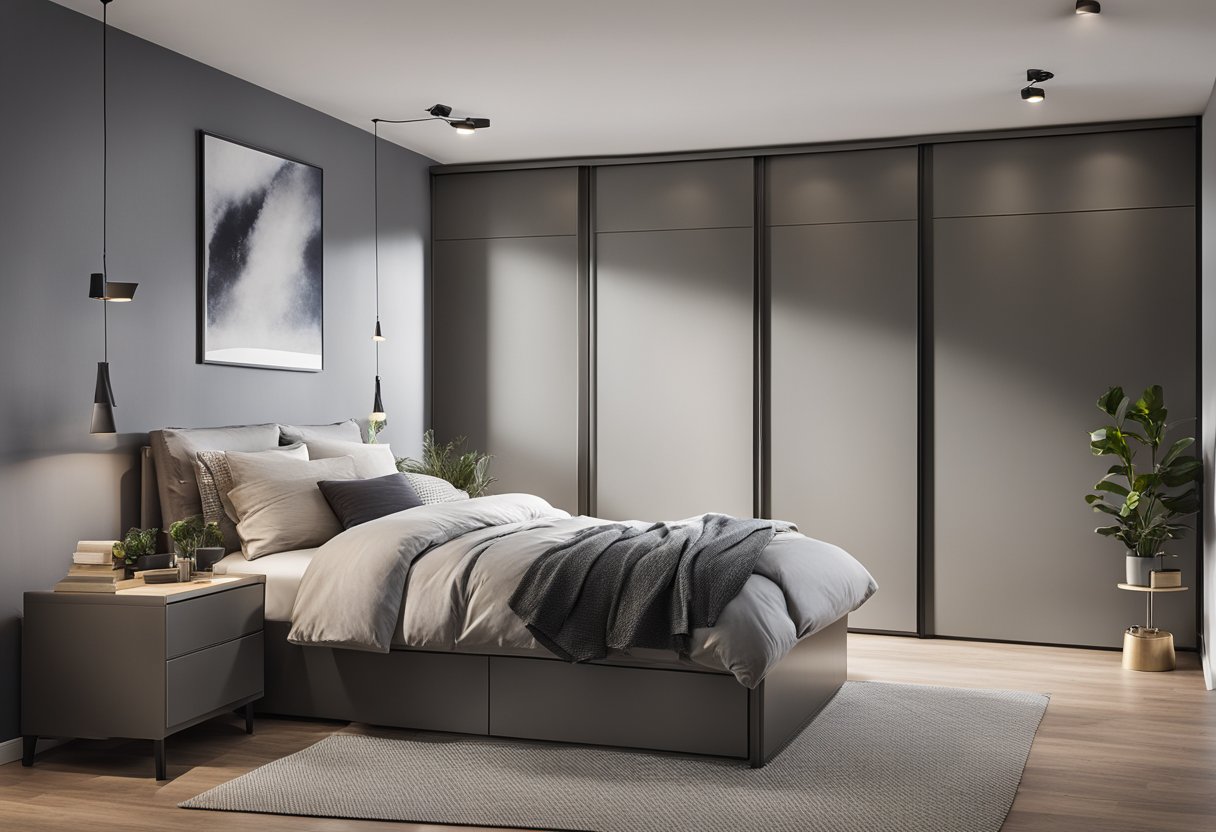 A small bedroom with a corner wardrobe maximizing space. The wardrobe is sleek and modern, with sliding doors and integrated storage compartments