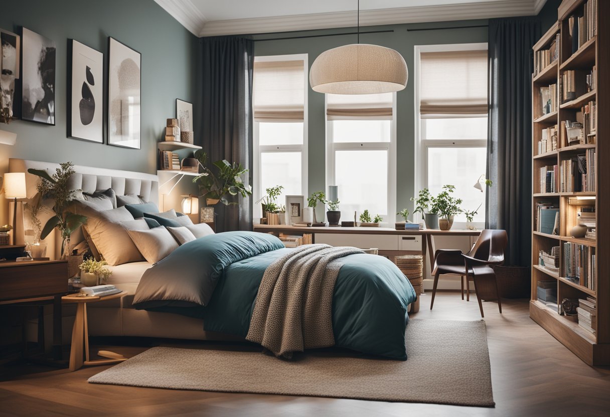 A cozy bedroom with a large bed, colorful pillows, a desk with a computer, and a bookshelf filled with books and decorative items