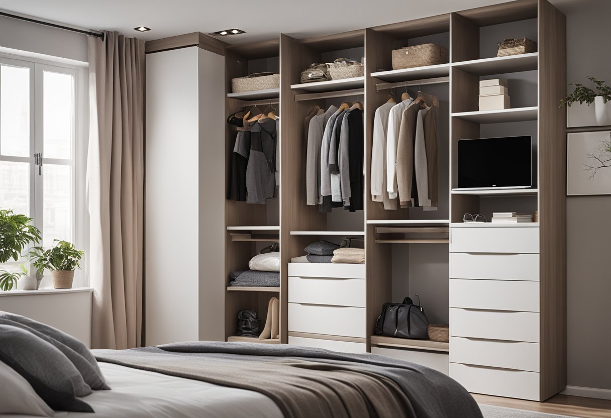 A small bedroom with a corner wardrobe featuring innovative storage solutions